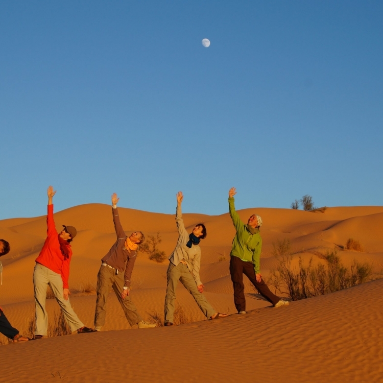 Hélène Petre anime un stage de yoga-qi gong dans le désert tunisien